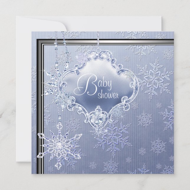 Convites Chuva de Bebê Menino Floco de Neve Azul Prateado E (Frente)