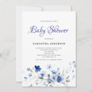 Convites Chuva de Bebê Menino Floral Aquarela Azul