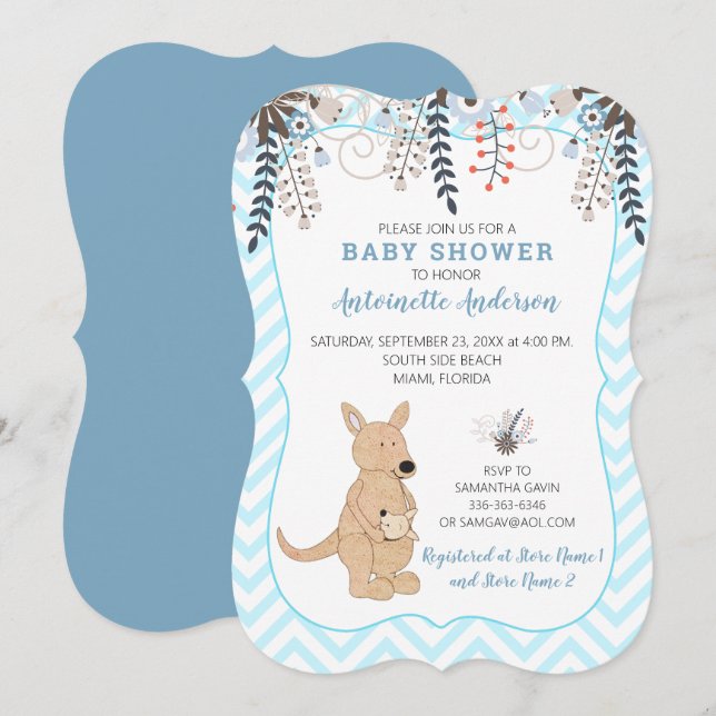 Convites Chuva de Bebê Menino Floral Aquarela Boho Canguru (Frente/Verso)