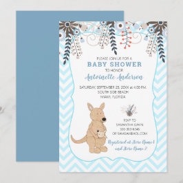 Convites Chuva de Bebê Menino Floral Aquarela Boho Canguru