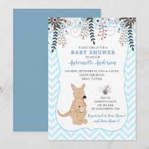Convites Chuva de Bebê Menino Floral Aquarela Boho Canguru