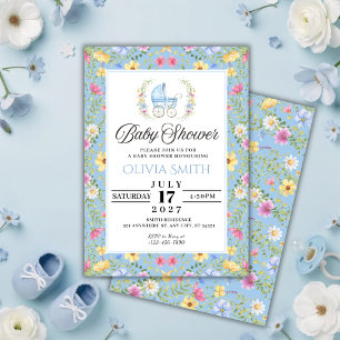 Convites Chuva de Bebê Menino Floral Azul Elegante
