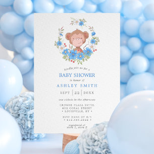Convites Chuva de Bebê Menino Floral Azul Macaco