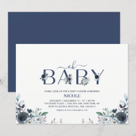 Convites Chuva de Bebê Menino Floral Boho Azul Marinho
