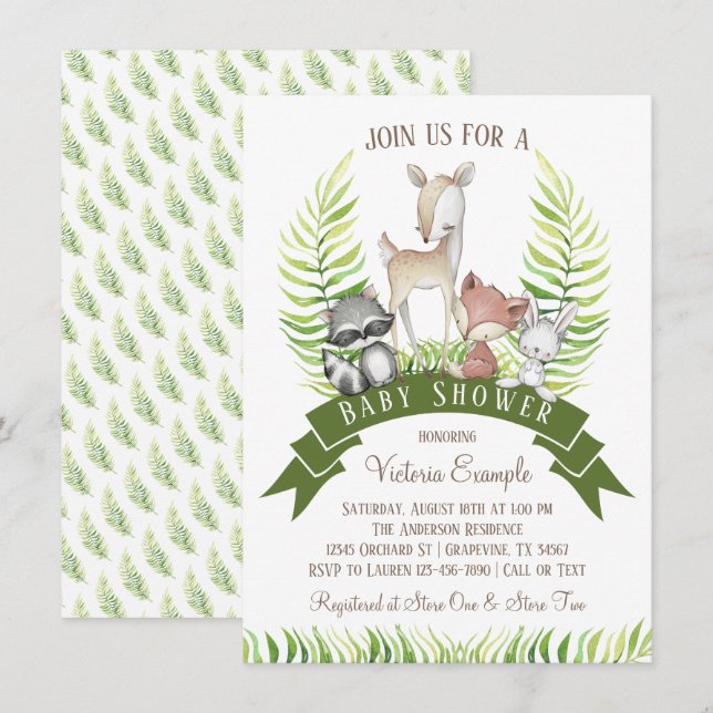 Convites Chuva de Bebê Menino Floresta Animais Verde (Frente/Verso)