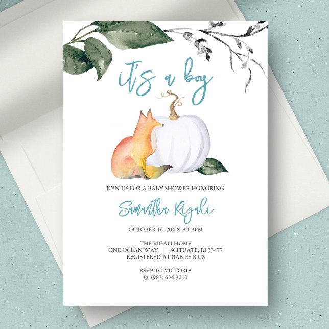 Convites Chuva de Bebê Menino Floresta Outonal Aquarela (baby shower invitation fall boy fox white pumpkin)