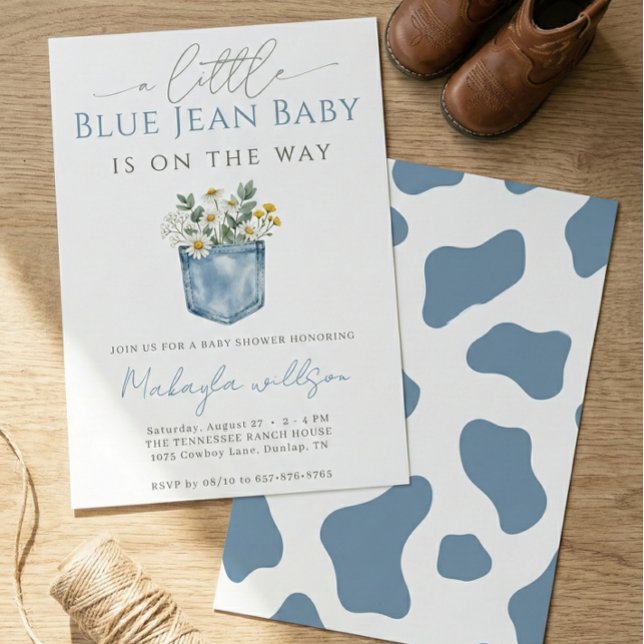 Convites Chuva de Bebê Menino Jeans Azul Rústico (Criador carregado)