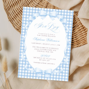 Convites Chuva de Bebê Menino Laço Coquete Gingham Azul