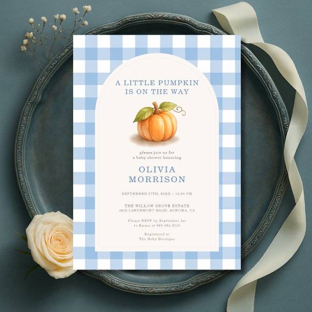 Convites Chuva de Bebê Menino Little Pumpkin Blue Gingham (Criador carregado)