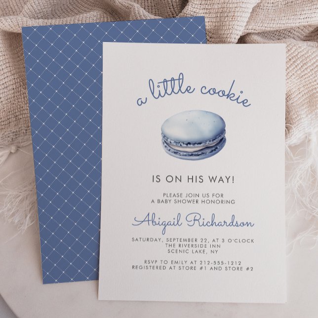 Convites Chuva de Bebê Menino Macaron Biscoito Azul Pequeno (Criador carregado)