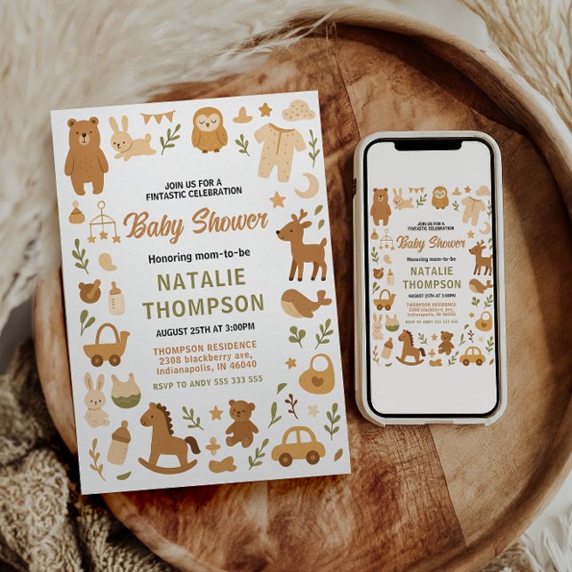 Convites Chuva de Bebê Menino Neutro | Adorável Animal da S (Neutral Baby Boy Shower | Cute Safari Animal Invitation)