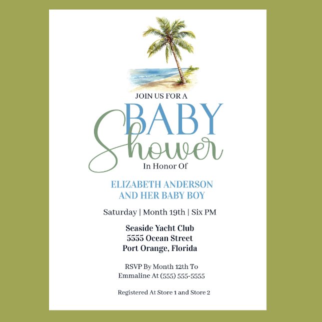 Convites Chuva de Bebê Menino Palmeira de Praia (Tropical beach baby shower invitation with watercolor palm tree coastal blue and sage green design f)