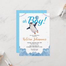 Chuva de Bebê Menino Pinguim Balão Azul Nuvem Céu