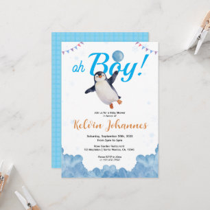 Convites Chuva de Bebê Menino Pinguim Balão Azul Nuvem Céu