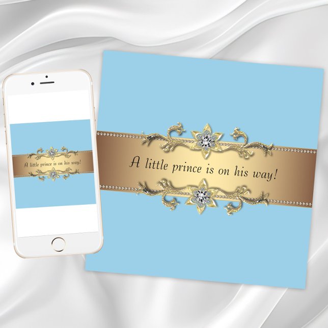Convites Chuva de Bebê Menino Príncipe Azul (Baby blue gold baby shower invitation. Add your text to the front and back. Download and printed.)