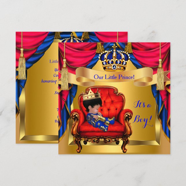 Convites Chuva de Bebê Menino Príncipe Azul Real Dourado e  (Frente/Verso)