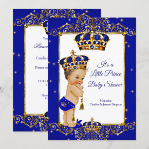Convites Chuva de Bebê Menino Príncipe Azul Real Dourado Mo