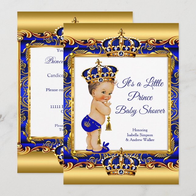 Convites Chuva de Bebê Menino Príncipe Bebê Azul Ornamentad (Frente/Verso)