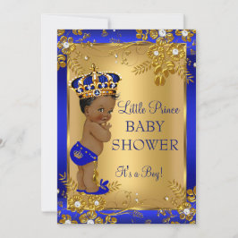 Convites Chuva de Bebê Menino Príncipe Dourado Azul Afro-Am