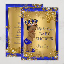 Convites Chuva de Bebê Menino Príncipe Dourado Azul Afro-Am