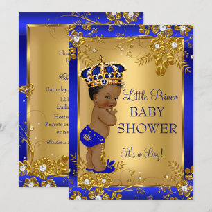 Convites Chuva de Bebê Menino Príncipe Dourado Azul Afro-Am
