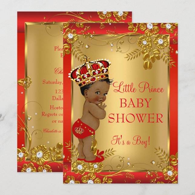 Convites Chuva de Bebê Menino Príncipe Vermelho Dourado Afr (Frente/Verso)