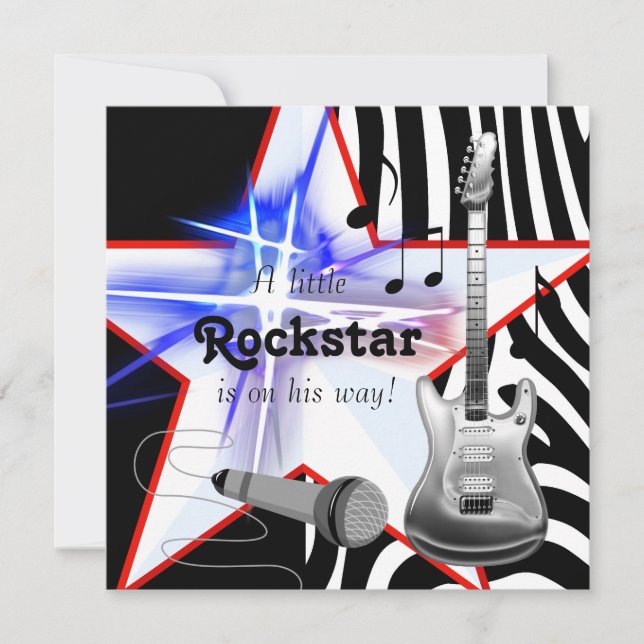 Convites Chuva de Bebê Menino Rockstar com Zebra Azul Preto (Frente)