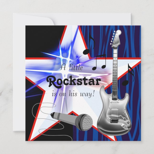 Convites Chuva de Bebê Menino Rockstar Zebra Azul Vermelho (Frente)