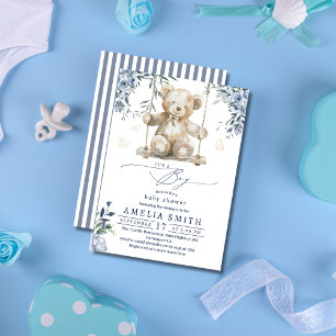 Convites Chuva de Bebê Menino Teddy Boy Aquarela Azul Doce