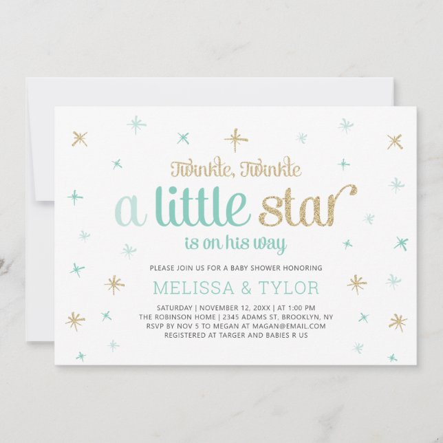 Convites Chuva de Bebe Menino Twinkle Little Star, Sprinkle (Frente)