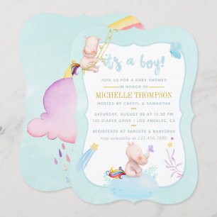 Convites Chuva de Bebê Menino Unicórnio Rinoceronte Aquarel