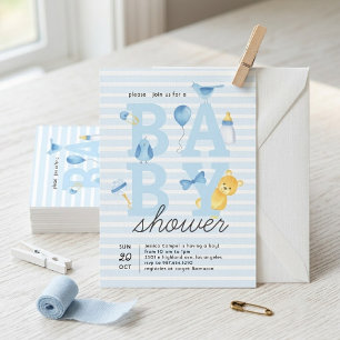 Convites Chuva de Bebê Menino Urso de Listra Azul Aquarela
