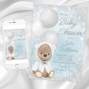 Convites Chuva de Bebê Menino Urso de Pelúcia no Inverno