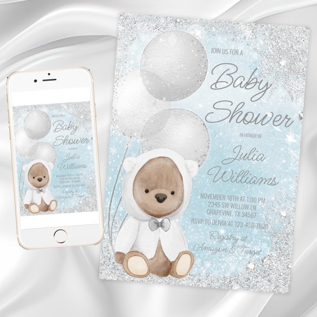 Convites Chuva de Bebê Menino Urso de Pelúcia no Inverno (Boy winter wonderland baby shower invitation with cute winter bear on a snowflake background.)