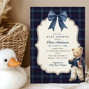 Convites Chuva de Bebê Menino Urso de Pelúcia Xadrez Azul M