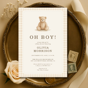 Convites Chuva de Bebê Menino Urso de Pelúcia Xadrez Neutro