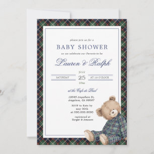 Convites Chuva de Bebê Menino Urso de Pelúcia Xadrez Ralph 