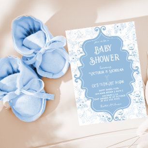 Convites Chuva de Bebê Menino Urso Laço Toile Azul Branco