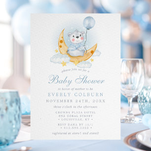 Convites Chuva de Bebê Menino Urso Teddy Azul Lua e Estrela
