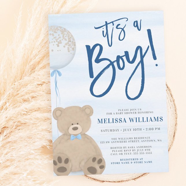 Convites Chuva de Bebê Menino Urso Teddy Balão Azul (Criador carregado)