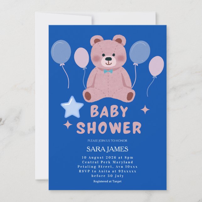 Convites Chuva de Bebê Menino Urso Teddy Doce Balão Azul (Frente)