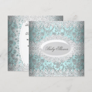 Convites Chuva de Bebê Menino Vintage Azul Lace Damask