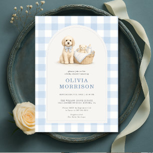Convites Chuva de Bebê Menino Xadrez Azul Cachorrinho