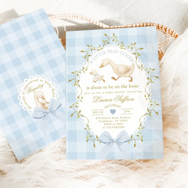 Convites Chuva de Bebê Menino Xadrez Azul Silly Goose (Criador carregado)
