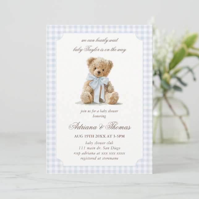 Convites Chuva de Bebê Menino Xadrez Azul Urso (Em pé/Frente)