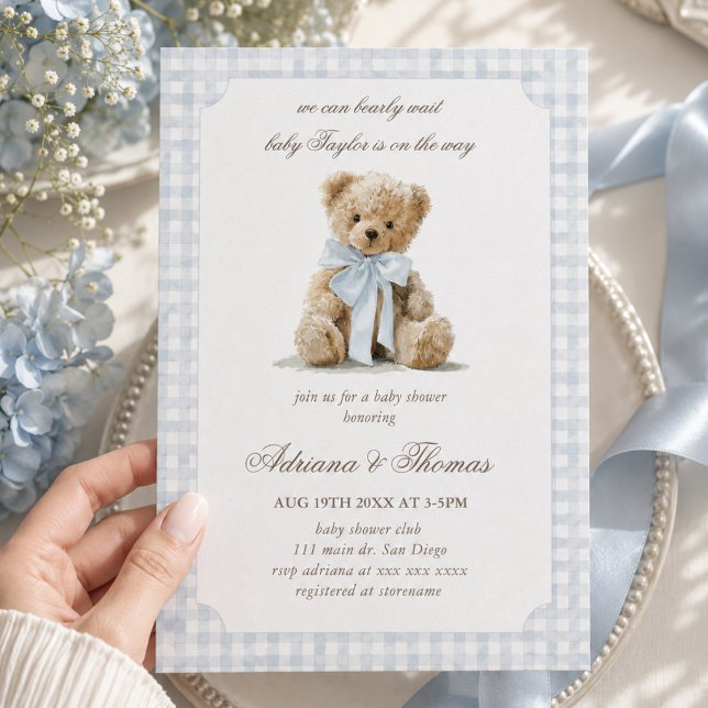 Convites Chuva de Bebê Menino Xadrez Azul Urso (Criador carregado)