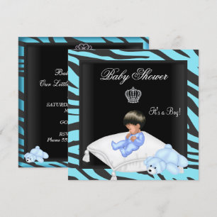 Convites Chuva de Bebê Menino Zebra Azul Preto Coroa Prínci