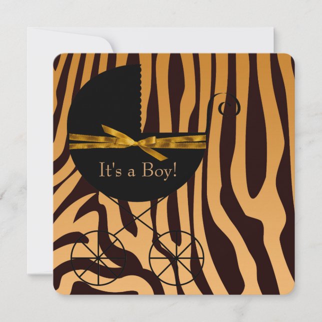 Convites Chuva de Bebê Menino Zebra Dourado e Marrom (Frente)
