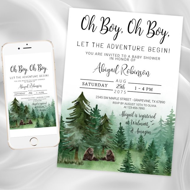 Convites Chuva de Bebê Meninos Gêmeos Urso da Floresta Oh M (Twin boy baby woodland deer shower invitation. Instant download and printed invitations available.)