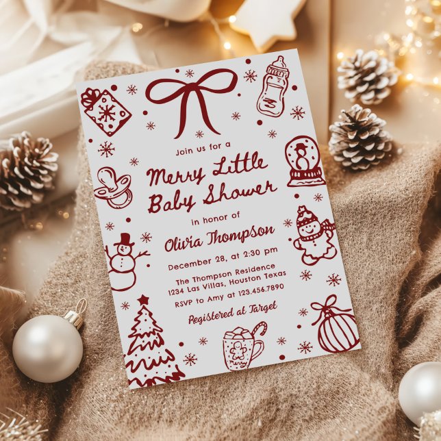 Convites Chuva de Bebê Merry Little Desenhada à Mão Vermelh (Criador carregado)